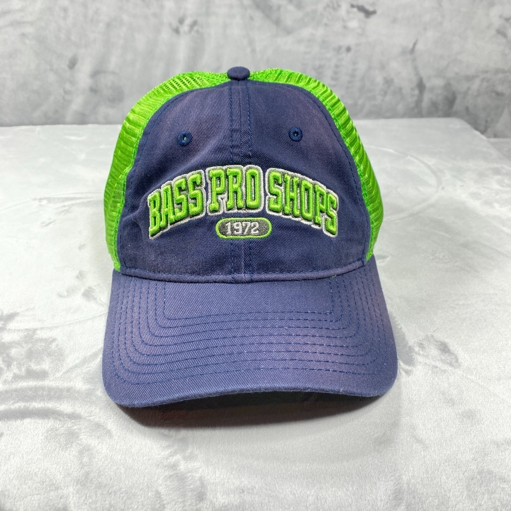 Bass Pro Shops Green Twill Mesh Back Blue solid front trucker hat Plastic Snap